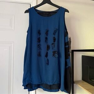 Moyuru blue black art to wear lagenlook rayon linen colorblock tank boxy top